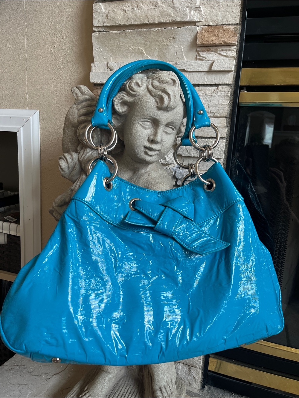 Bisou Bisou Shiny Turquoise Patent Shoulder Bag with Silver Hardware - Picture 1 of 7